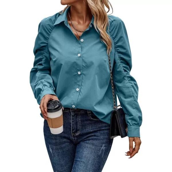 imagePRETTYGARDEN Womens 2023 Fall Fashion Button Down Shirts Ruched Long Sleeve Business Casual Blouse TopsLake Blue