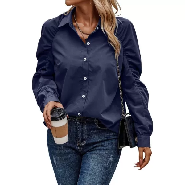 imagePRETTYGARDEN Womens 2023 Fall Fashion Button Down Shirts Ruched Long Sleeve Business Casual Blouse TopsNavy
