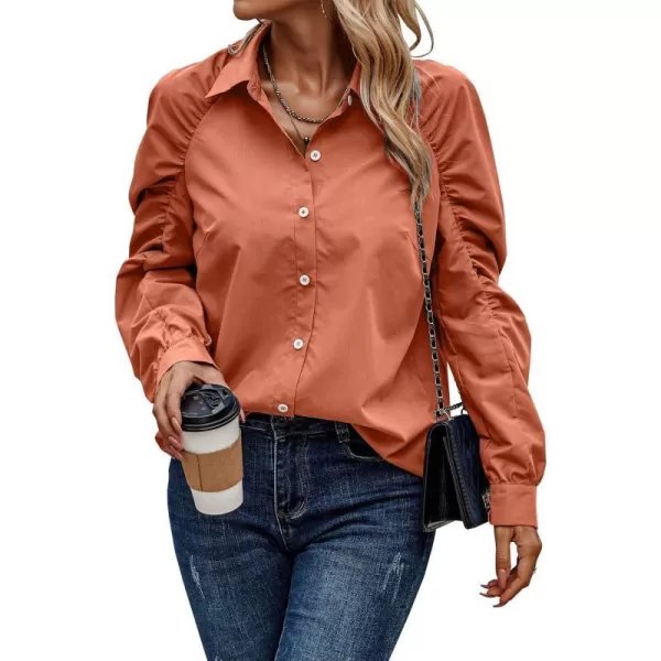 imagePRETTYGARDEN Womens 2023 Fall Fashion Button Down Shirts Ruched Long Sleeve Business Casual Blouse TopsOrange