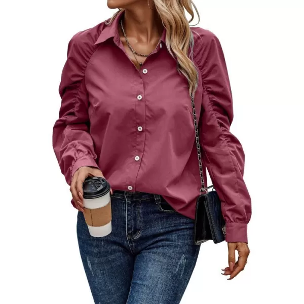 imagePRETTYGARDEN Womens 2023 Fall Fashion Button Down Shirts Ruched Long Sleeve Business Casual Blouse TopsWine Red