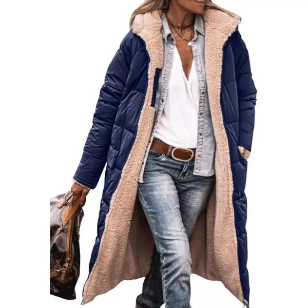imagePRETTYGARDEN Womens 2023 Fall Fashion Coats Casual Loose Fleece Long Hooded Jackets OuterwearNavy