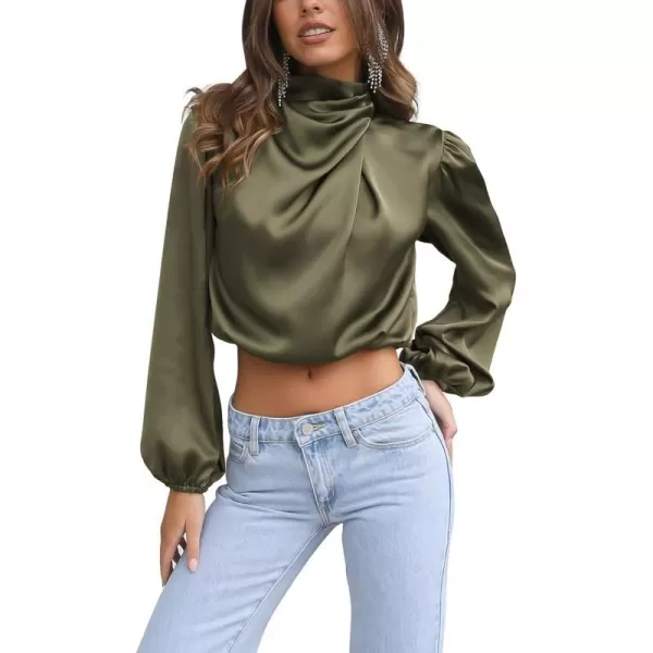 imagePRETTYGARDEN Womens 2023 Fall Fashion Crop Tops Long Sleeve Ruched Mock Neck Satin Shirt BlousesArmy Green