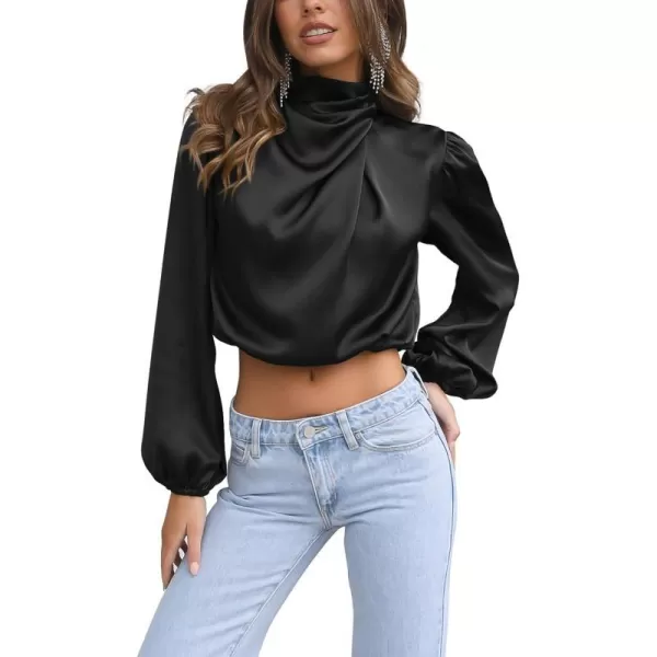 imagePRETTYGARDEN Womens 2023 Fall Fashion Crop Tops Long Sleeve Ruched Mock Neck Satin Shirt BlousesBlack
