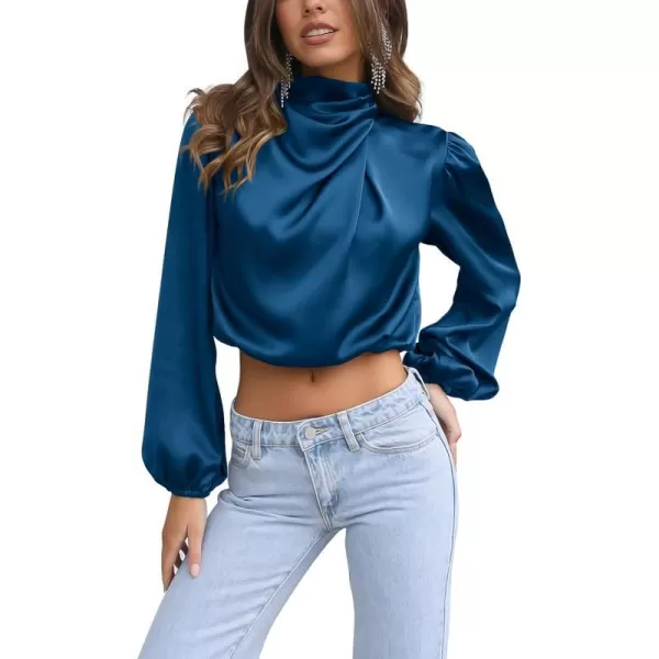 imagePRETTYGARDEN Womens 2023 Fall Fashion Crop Tops Long Sleeve Ruched Mock Neck Satin Shirt BlousesDark Blue