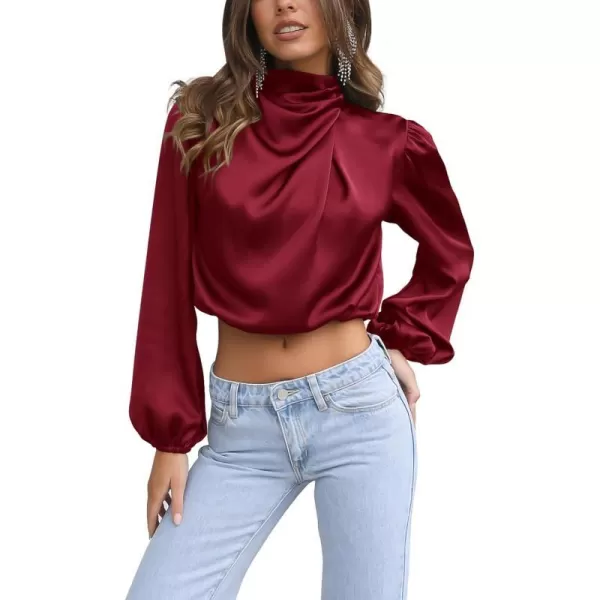 imagePRETTYGARDEN Womens 2023 Fall Fashion Crop Tops Long Sleeve Ruched Mock Neck Satin Shirt BlousesDeep Red