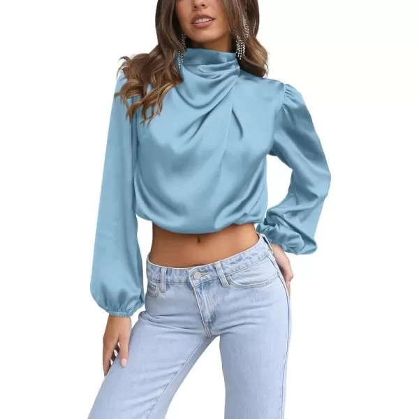 imagePRETTYGARDEN Womens 2023 Fall Fashion Crop Tops Long Sleeve Ruched Mock Neck Satin Shirt BlousesLight Blue