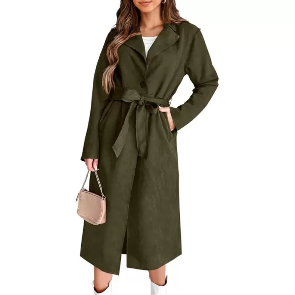 imagePRETTYGARDEN Womens 2023 Fall Fashion Overcoat Faux Suede Shacket Jacket Lapel Belted Long Trench CoatsArmy Green