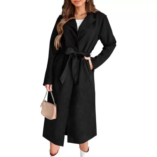 imagePRETTYGARDEN Womens 2023 Fall Fashion Overcoat Faux Suede Shacket Jacket Lapel Belted Long Trench CoatsBlack
