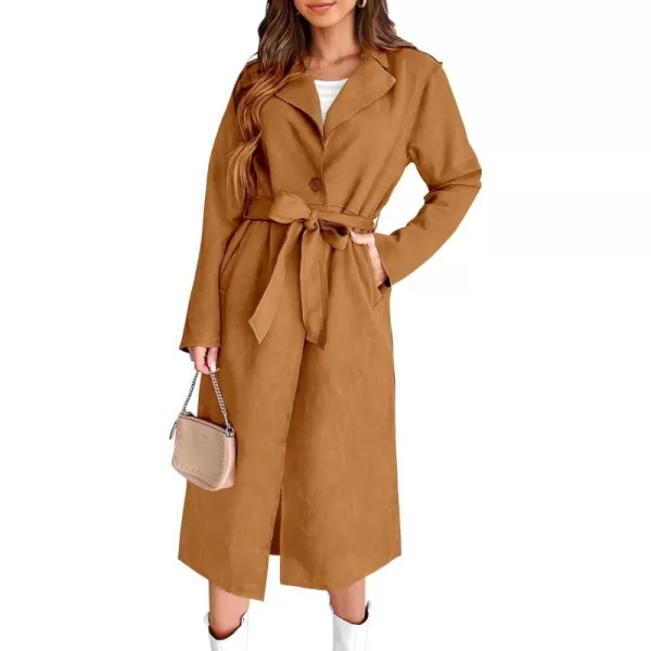 imagePRETTYGARDEN Womens 2023 Fall Fashion Overcoat Faux Suede Shacket Jacket Lapel Belted Long Trench CoatsBrown