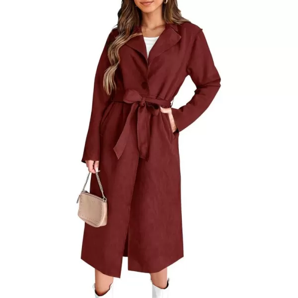 imagePRETTYGARDEN Womens 2023 Fall Fashion Overcoat Faux Suede Shacket Jacket Lapel Belted Long Trench CoatsBrown Red