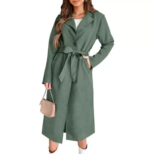imagePRETTYGARDEN Womens 2023 Fall Fashion Overcoat Faux Suede Shacket Jacket Lapel Belted Long Trench CoatsGrey Green