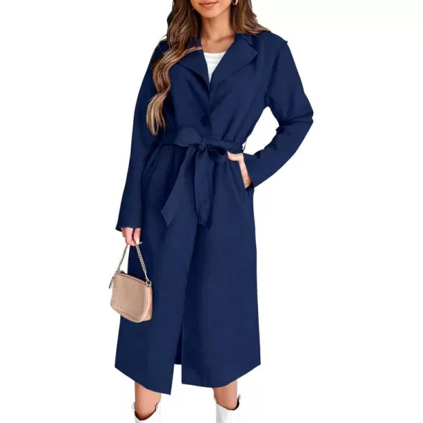 imagePRETTYGARDEN Womens 2023 Fall Fashion Overcoat Faux Suede Shacket Jacket Lapel Belted Long Trench CoatsNavy