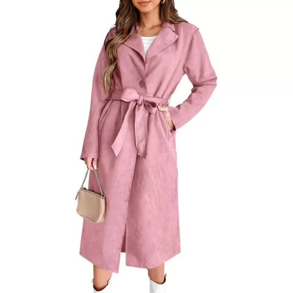 imagePRETTYGARDEN Womens 2023 Fall Fashion Overcoat Faux Suede Shacket Jacket Lapel Belted Long Trench CoatsPink