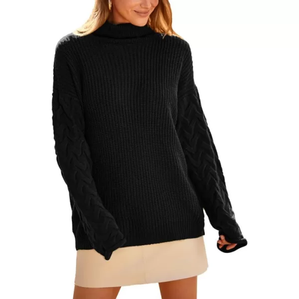 imagePRETTYGARDEN Womens 2023 Fall Fashion Pullover Sweaters Turtleneck Long Sleeve Cable Knit Sweater Casual Chunky Jumper TopsBlack