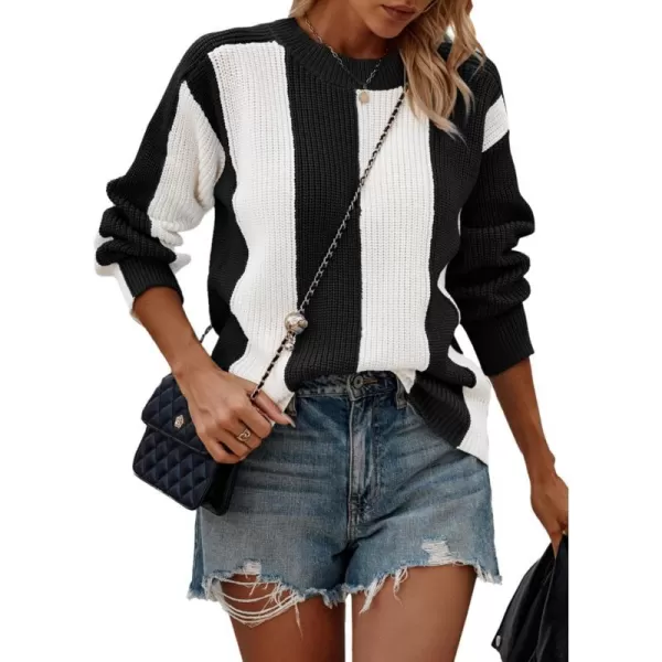 imagePRETTYGARDEN Womens 2023 Fall Knit Pullover Sweater Casual Long Sleeve Color Block Jumper Blouse TopsBlack