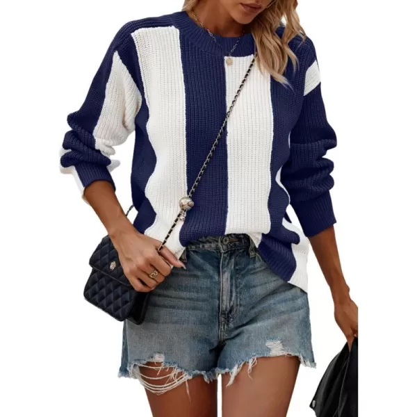 imagePRETTYGARDEN Womens 2023 Fall Knit Pullover Sweater Casual Long Sleeve Color Block Jumper Blouse TopsNavy