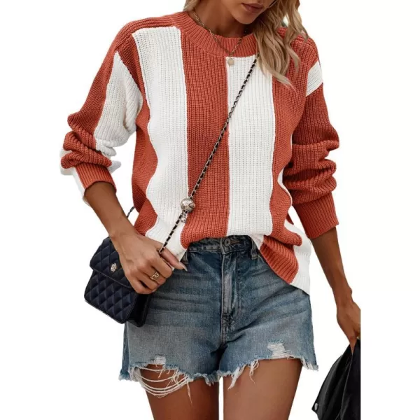 imagePRETTYGARDEN Womens 2023 Fall Knit Pullover Sweater Casual Long Sleeve Color Block Jumper Blouse TopsRust Red