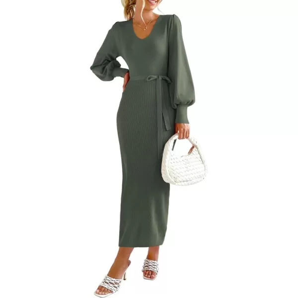 imagePRETTYGARDEN Womens 2023 Fall Knit Pullover Sweater Elegant Long Lantern Sleeve V Neck Maxi DressArmy Green