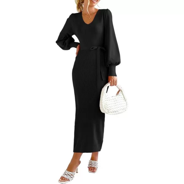 imagePRETTYGARDEN Womens 2023 Fall Knit Pullover Sweater Elegant Long Lantern Sleeve V Neck Maxi DressBlack