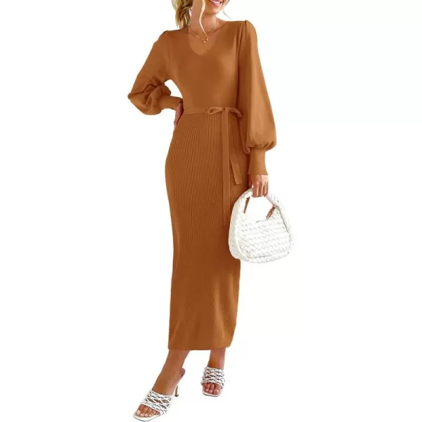 imagePRETTYGARDEN Womens 2023 Fall Knit Pullover Sweater Elegant Long Lantern Sleeve V Neck Maxi DressCamel