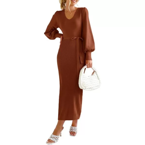 imagePRETTYGARDEN Womens 2023 Fall Knit Pullover Sweater Elegant Long Lantern Sleeve V Neck Maxi DressCaramel