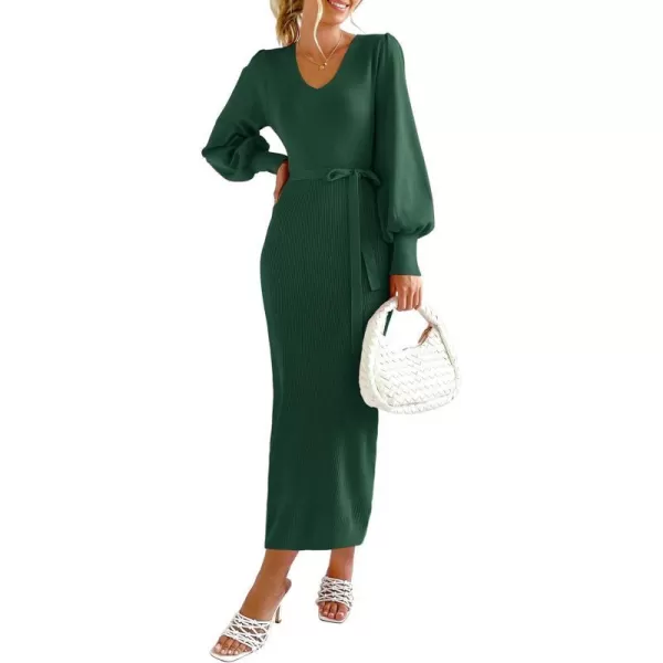 imagePRETTYGARDEN Womens 2023 Fall Knit Pullover Sweater Elegant Long Lantern Sleeve V Neck Maxi DressDark Green