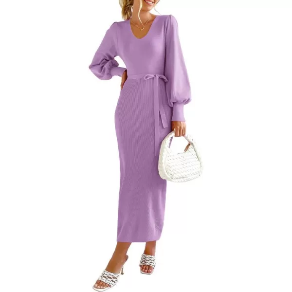 imagePRETTYGARDEN Womens 2023 Fall Knit Pullover Sweater Elegant Long Lantern Sleeve V Neck Maxi DressLight Purple