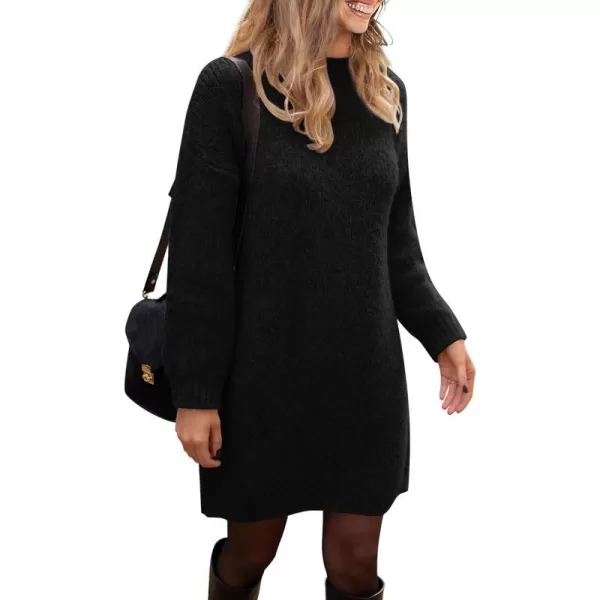 imagePRETTYGARDEN Womens 2023 Fall Knit Pullover Sweaters Long Sleeve Crewneck Oversized Loose Short Sweater DressBlack