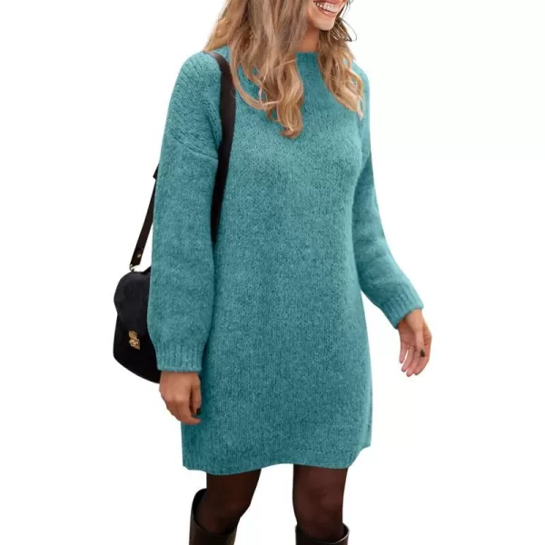 imagePRETTYGARDEN Womens 2023 Fall Knit Pullover Sweaters Long Sleeve Crewneck Oversized Loose Short Sweater DressBlue Green