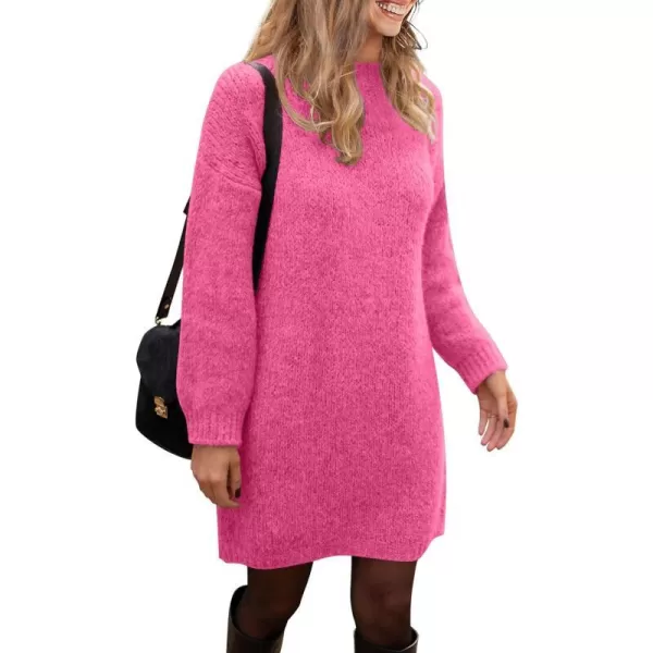 imagePRETTYGARDEN Womens 2023 Fall Knit Pullover Sweaters Long Sleeve Crewneck Oversized Loose Short Sweater DressRose Red