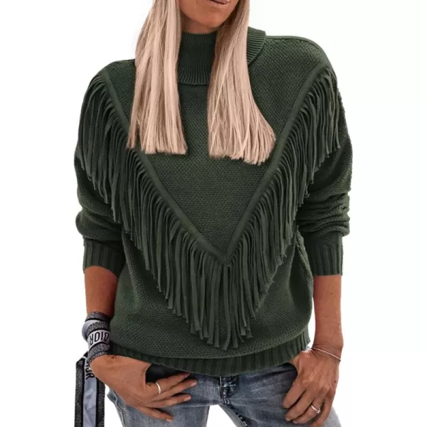 imagePRETTYGARDEN Womens 2023 Fall Knit Pullover Sweaters Long Sleeve Turtleneck Fringe Jumper Tops BlouseArmy Green