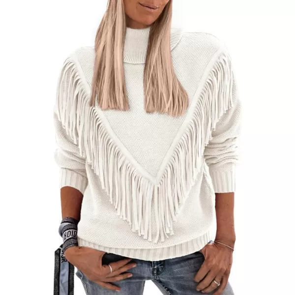 imagePRETTYGARDEN Womens 2023 Fall Knit Pullover Sweaters Long Sleeve Turtleneck Fringe Jumper Tops BlouseBeige