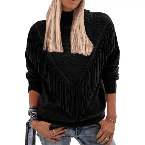 imagePRETTYGARDEN Womens 2023 Fall Knit Pullover Sweaters Long Sleeve Turtleneck Fringe Jumper Tops BlouseBlack