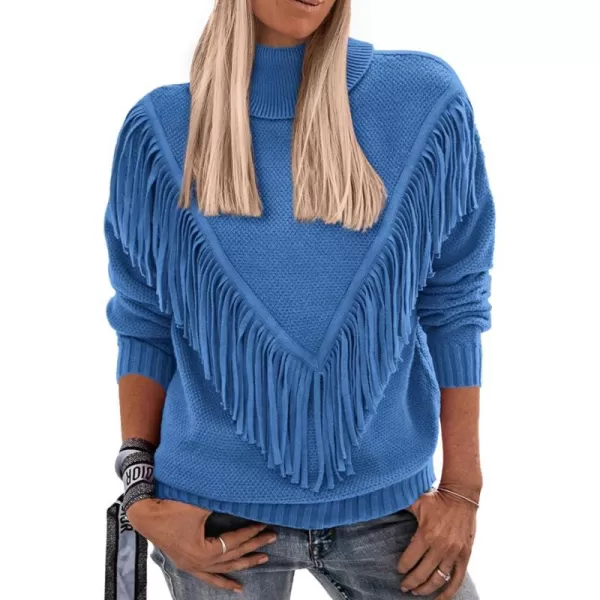 imagePRETTYGARDEN Womens 2023 Fall Knit Pullover Sweaters Long Sleeve Turtleneck Fringe Jumper Tops BlouseBlue
