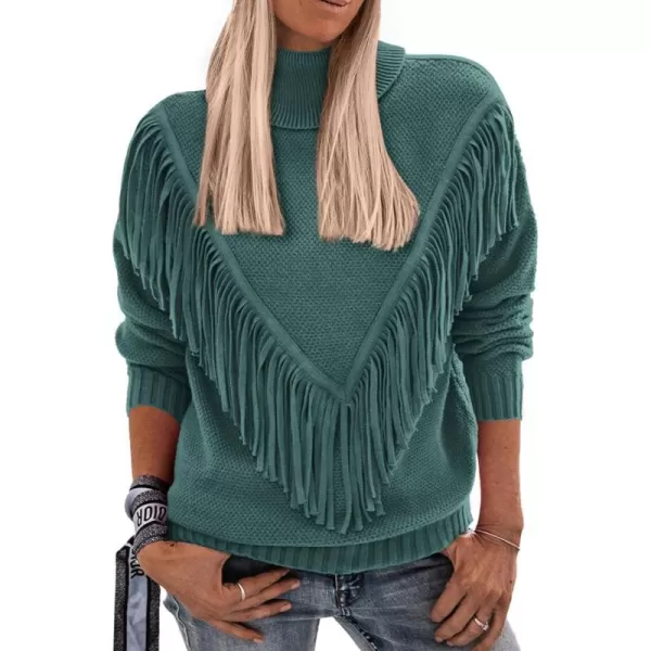 imagePRETTYGARDEN Womens 2023 Fall Knit Pullover Sweaters Long Sleeve Turtleneck Fringe Jumper Tops BlouseGreen