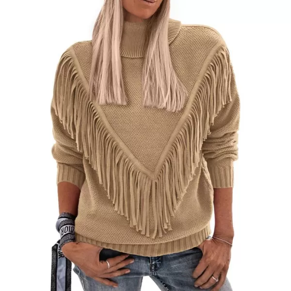 imagePRETTYGARDEN Womens 2023 Fall Knit Pullover Sweaters Long Sleeve Turtleneck Fringe Jumper Tops BlouseKhaki