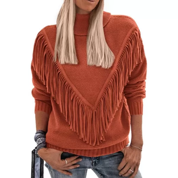 imagePRETTYGARDEN Womens 2023 Fall Knit Pullover Sweaters Long Sleeve Turtleneck Fringe Jumper Tops BlouseOrange