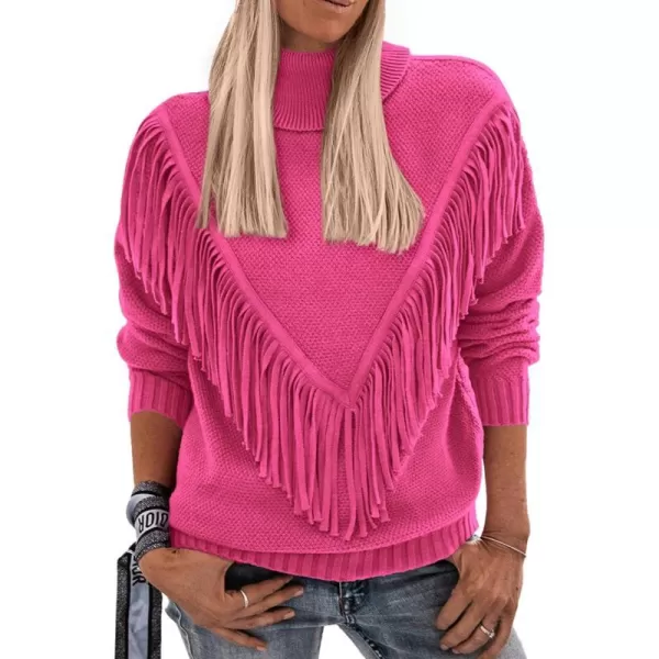 imagePRETTYGARDEN Womens 2023 Fall Knit Pullover Sweaters Long Sleeve Turtleneck Fringe Jumper Tops BlouseRose Red