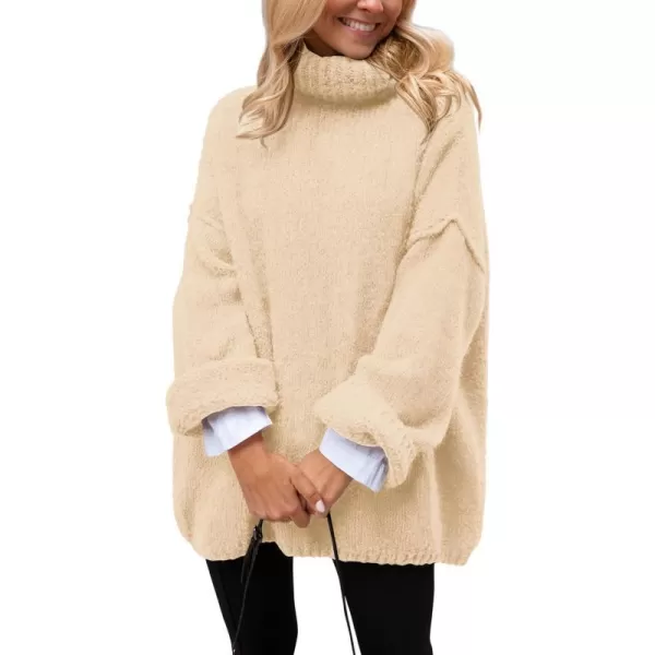 imagePRETTYGARDEN Womens 2023 Fall Knit Sweater Casual Long Sleeve Turtleneck Loose Chunky Pullover TopsBeige