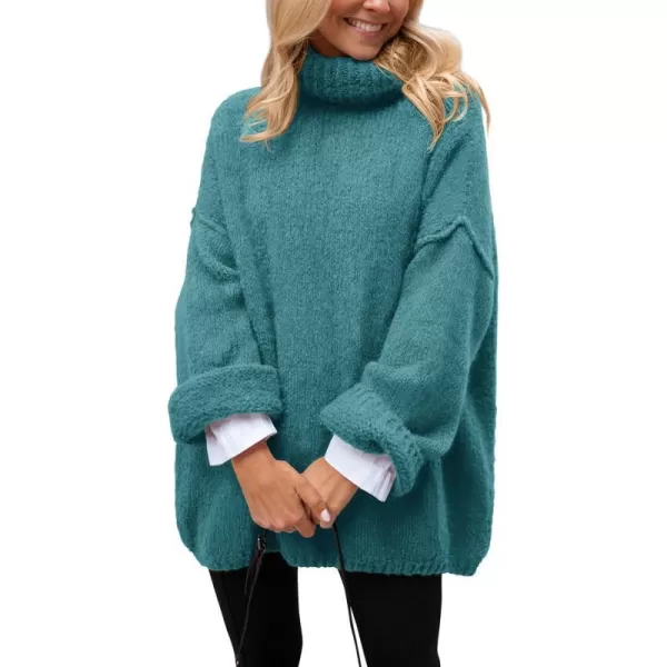 imagePRETTYGARDEN Womens 2023 Fall Knit Sweater Casual Long Sleeve Turtleneck Loose Chunky Pullover TopsBlue Green