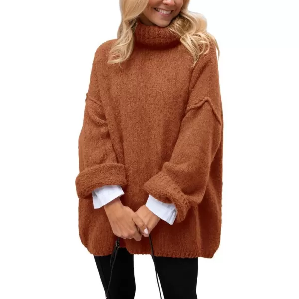 imagePRETTYGARDEN Womens 2023 Fall Knit Sweater Casual Long Sleeve Turtleneck Loose Chunky Pullover TopsBrick Red