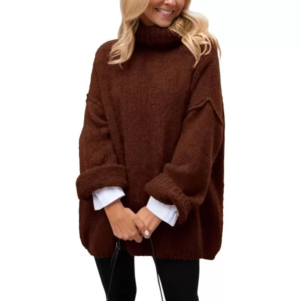imagePRETTYGARDEN Womens 2023 Fall Knit Sweater Casual Long Sleeve Turtleneck Loose Chunky Pullover TopsDark Coffee