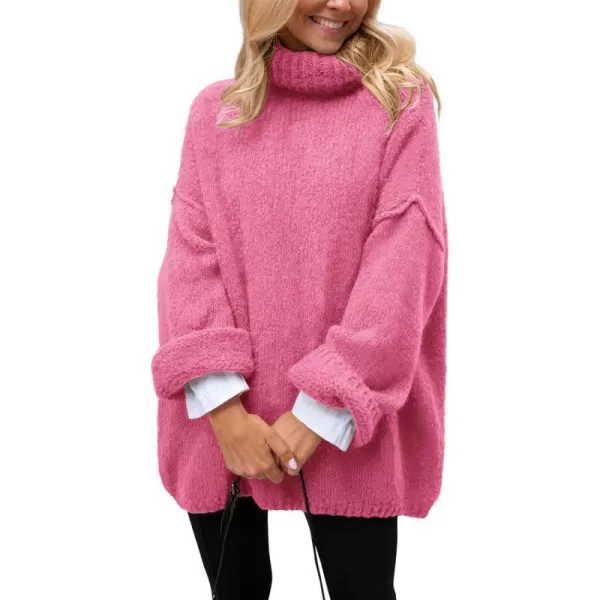 imagePRETTYGARDEN Womens 2023 Fall Knit Sweater Casual Long Sleeve Turtleneck Loose Chunky Pullover TopsPink