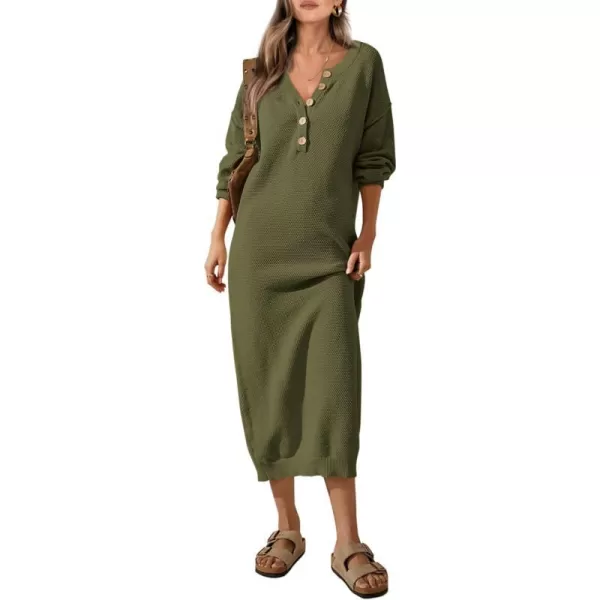 imagePRETTYGARDEN Womens 2023 Fall Knit Sweater Dress Long Sleeve Button V Neck Loose Casual Maxi DressesArmy Green