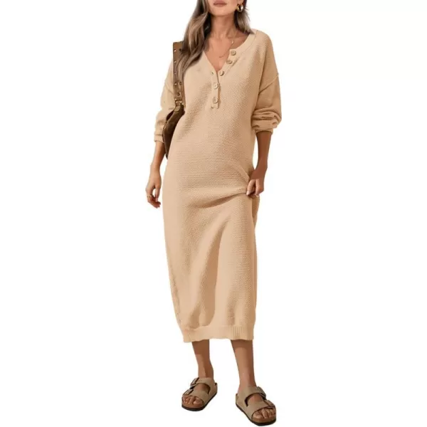 imagePRETTYGARDEN Womens 2023 Fall Knit Sweater Dress Long Sleeve Button V Neck Loose Casual Maxi DressesBeige