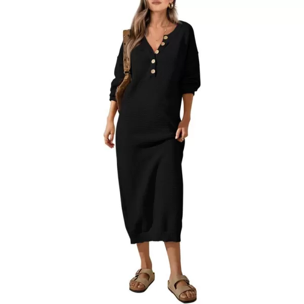 imagePRETTYGARDEN Womens 2023 Fall Knit Sweater Dress Long Sleeve Button V Neck Loose Casual Maxi DressesBlack