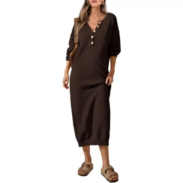 imagePRETTYGARDEN Womens 2023 Fall Knit Sweater Dress Long Sleeve Button V Neck Loose Casual Maxi DressesDark Brown