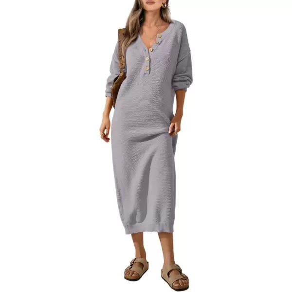 imagePRETTYGARDEN Womens 2023 Fall Knit Sweater Dress Long Sleeve Button V Neck Loose Casual Maxi DressesGrey