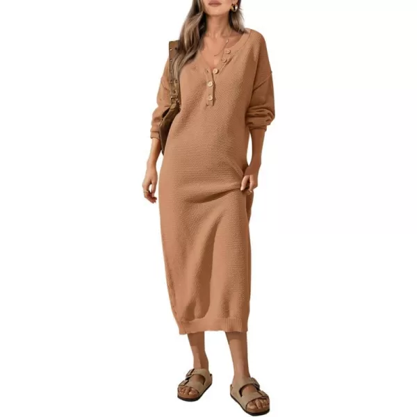 imagePRETTYGARDEN Womens 2023 Fall Knit Sweater Dress Long Sleeve Button V Neck Loose Casual Maxi DressesKhaki