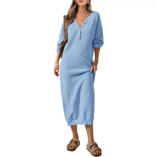imagePRETTYGARDEN Womens 2023 Fall Knit Sweater Dress Long Sleeve Button V Neck Loose Casual Maxi DressesLight Blue